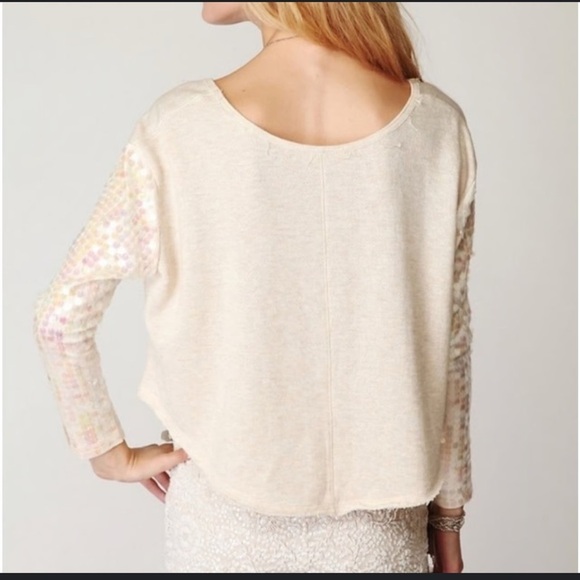 Cream Sequin Sleeve Crewneck Crop Blouse - Picture 2 of 8